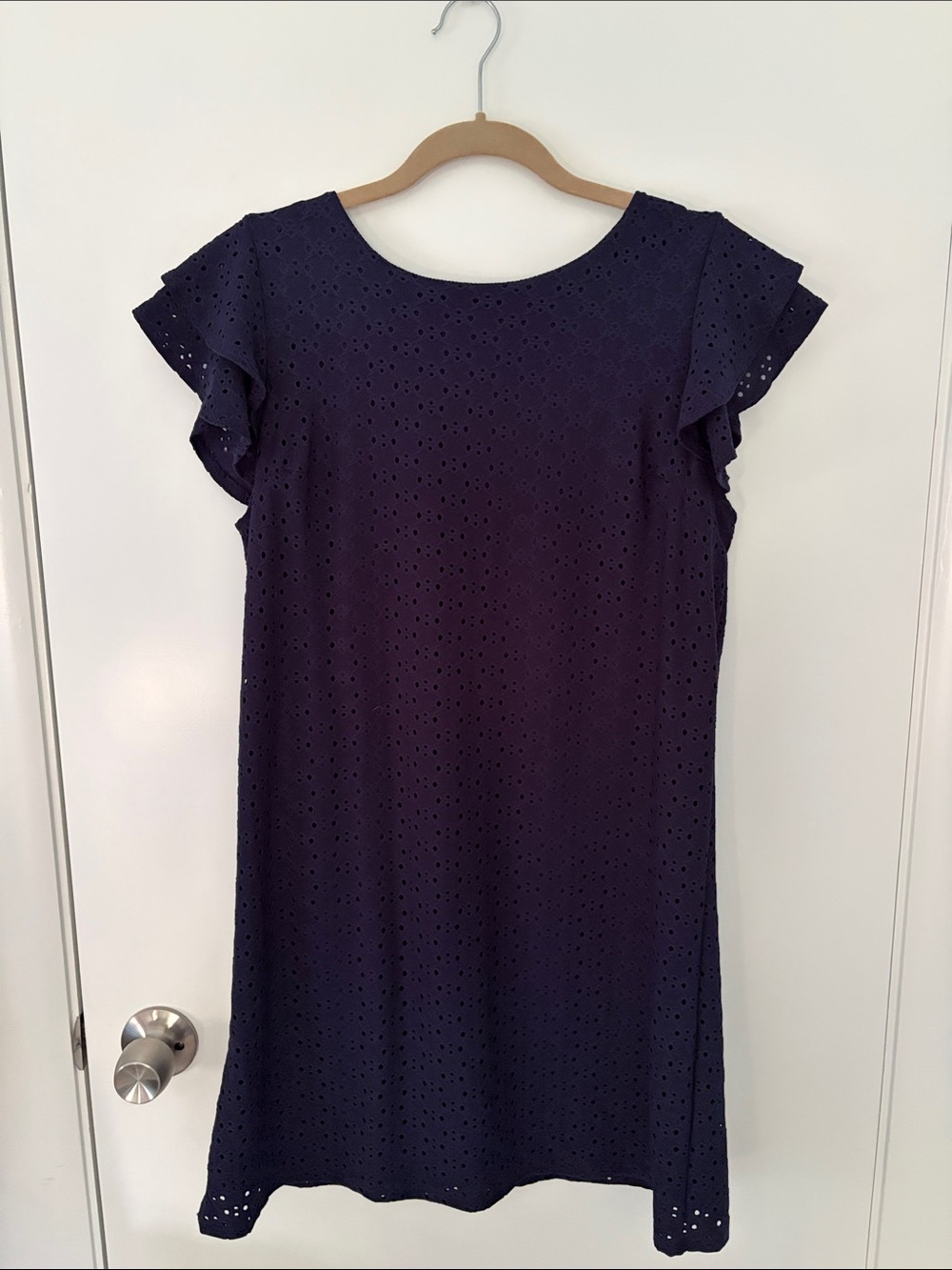 Navy Eyelet Midi Dress with Flutter Sleeves